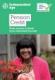 Cover of the Pension Credit mini guide. It is green, and has a picture of a woman smiling at the camera on it. She is wearing a bright pink cardigan. The title of the advice guide is in black text and highlighted in white.
